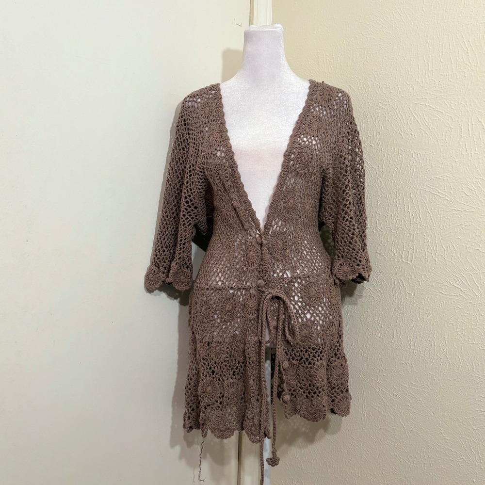 FLAWED Tan Brown Crochet Knit Long Open Knit Crochet Lace Tie Front Boho 1X